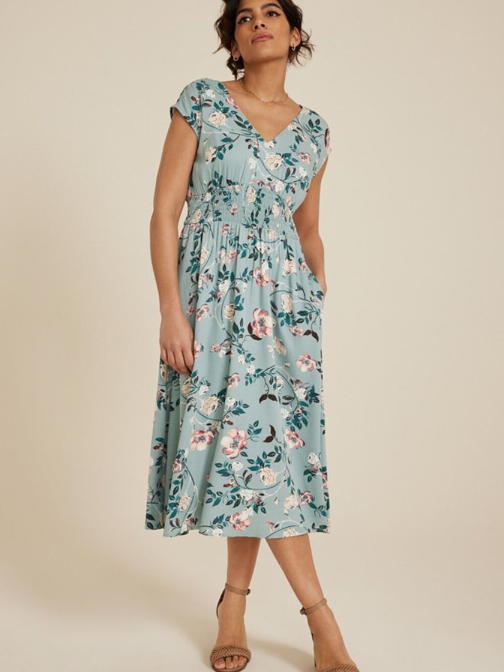 Maurices Light Blue Floral V-neck Midi Dress - Picture 8 of 8